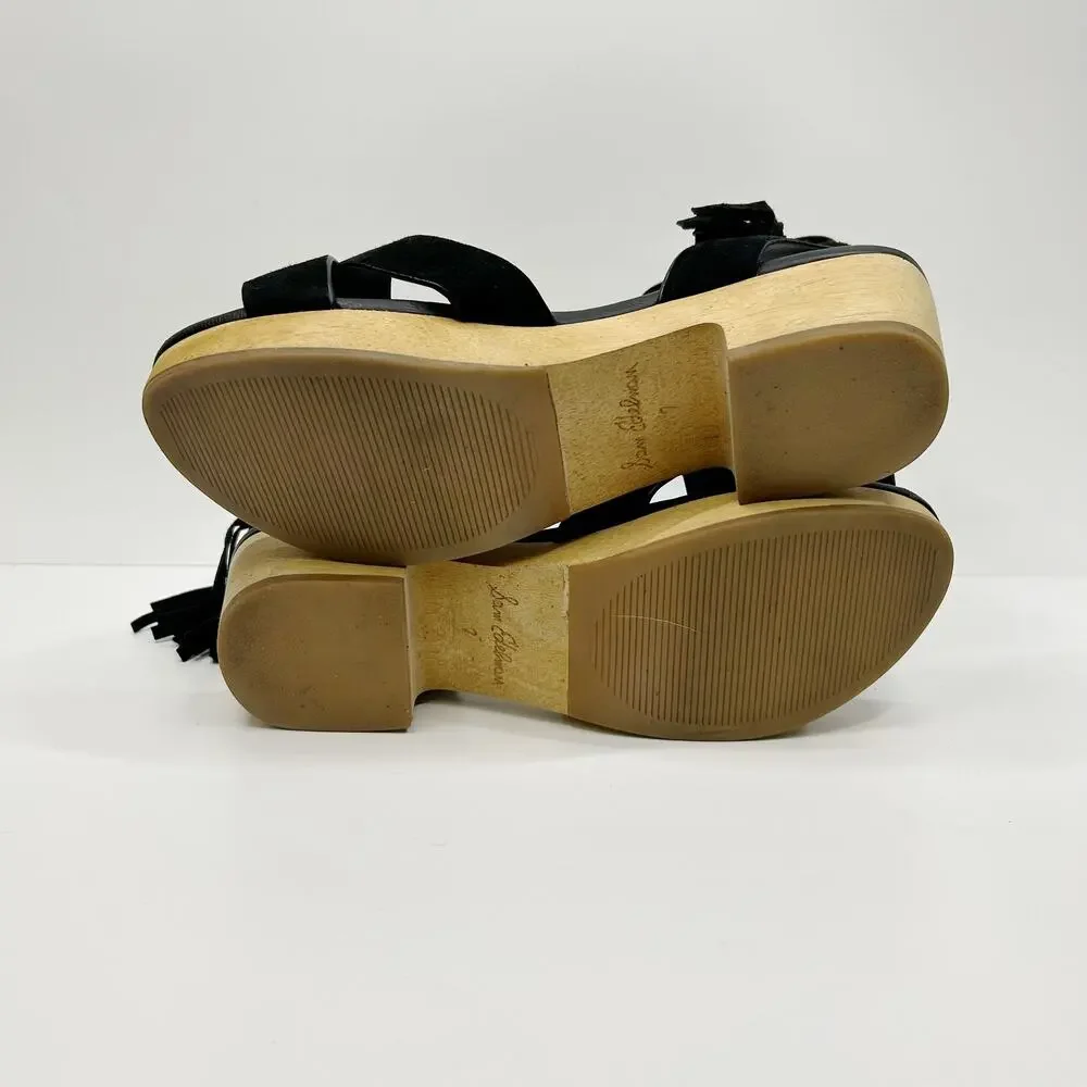 SAM EDELMAN Jenna Ankle Wrap Wooden‎ Clog Sandals Retro Lace Up Black Sz 7